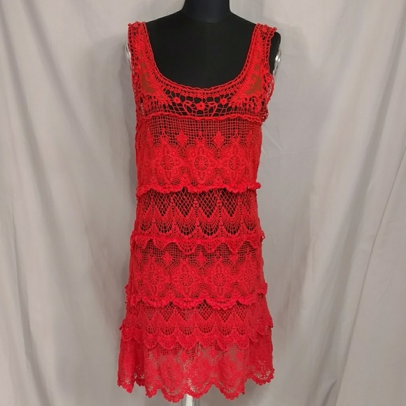 Sexy Crochet Dress Bright Red v Feminine Ravi Khosla Long Mini Short Midi sz Med - Picture 1 of 8